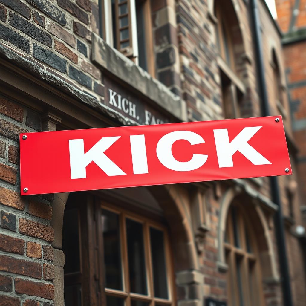 A captivating close-up photograph of a long red horizontal poster, prominently displaying the word "KICK" in bold white letters, affixed to the exterior of an old English architectural building with rich historical details