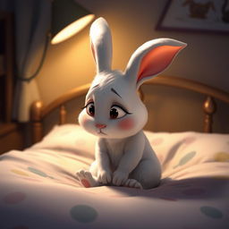 At night, a little white rabbit sits on its bed, looking very sad with its head bowed down