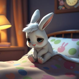 At night, a little white rabbit sits on its bed, looking very sad with its head bowed down