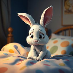 At night, a little white rabbit sits on its bed, looking very sad with its head bowed down