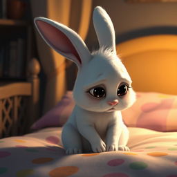 At night, a little white rabbit sits on its bed, looking very sad with its head bowed down