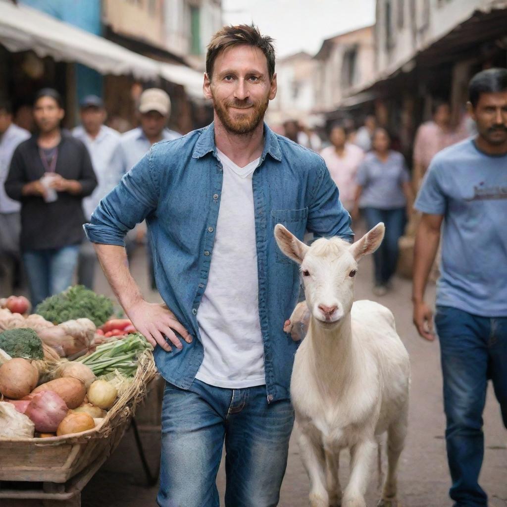 Famous footballer Lionel Messi, depicted in casual clothes, jovially offers a cheerful goat for sale in a bustling traditional market scene.