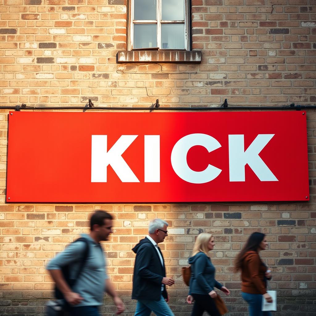 A captivating close-up photograph of a long red horizontal poster, featuring the word "KICK" in bold white letters, prominently displayed on the weathered wall of an old English building