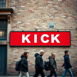 A captivating close-up photograph of a long red horizontal poster, featuring the word "KICK" in bold white letters, prominently displayed on the weathered wall of an old English building