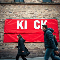 A captivating close-up photograph of a long red horizontal poster, featuring the word "KICK" in bold white letters, prominently displayed on the weathered wall of an old English building