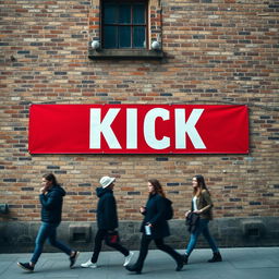 A captivating close-up photograph of a long red horizontal poster, featuring the word "KICK" in bold white letters, prominently displayed on the weathered wall of an old English building