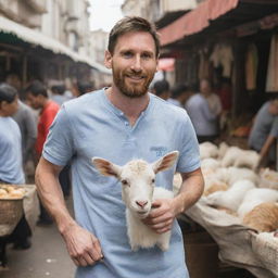 Famous footballer Lionel Messi, depicted in casual clothes, jovially offers a cheerful goat for sale in a bustling traditional market scene.