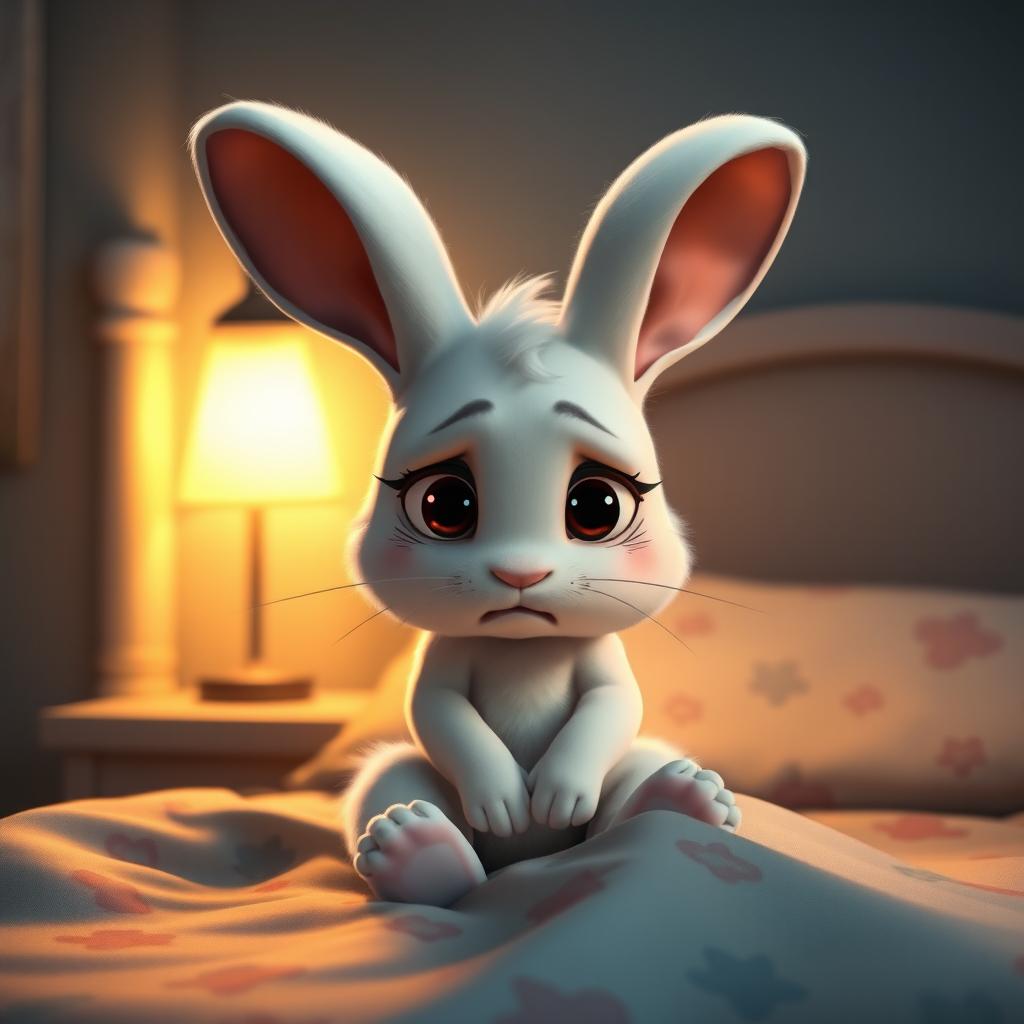 At night, a little white rabbit sits on its bed, looking very sad with its head bowed down