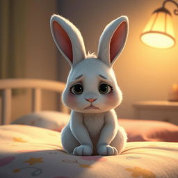 At night, a little white rabbit sits on its bed, looking very sad with its head bowed down