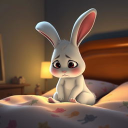 At night, a little white rabbit sits on its bed, looking very sad with its head bowed down