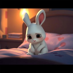 At night, a little white rabbit sits on its bed, looking very sad with its head bowed down