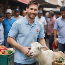 Famous footballer Lionel Messi, depicted in casual clothes, jovially offers a cheerful goat for sale in a bustling traditional market scene.