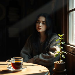 A melancholic scene depicting a woman from Lithuania sitting alone in her cozy, dimly lit home