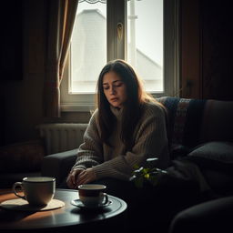 A melancholic scene depicting a woman from Lithuania sitting alone in her cozy, dimly lit home