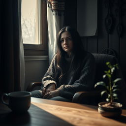 A melancholic scene depicting a woman from Lithuania sitting alone in her cozy, dimly lit home