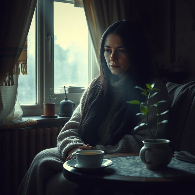 A melancholic scene depicting a woman from Lithuania sitting alone in her cozy, dimly lit home