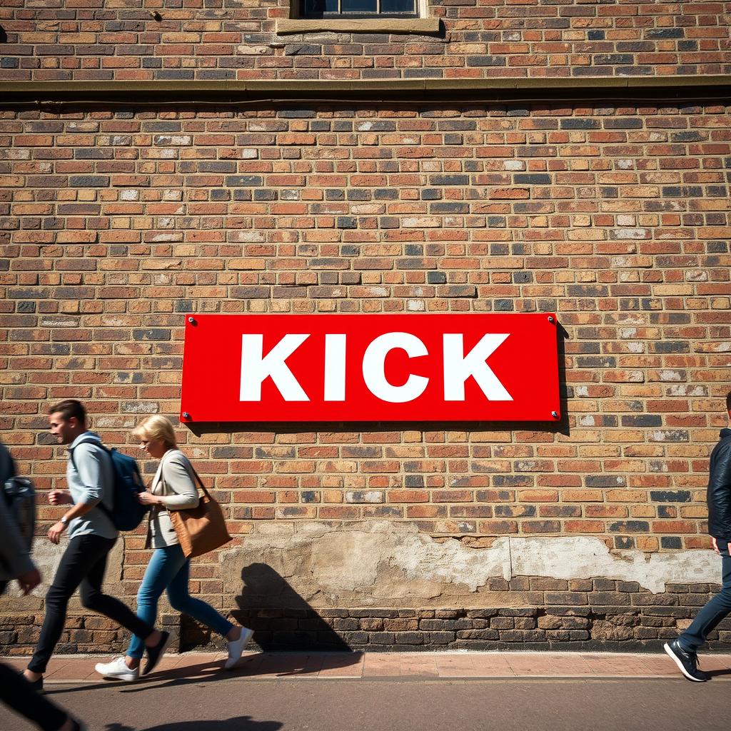 A captivating close-up photograph of a long red horizontal poster showcasing the word "KICK" in bold white letters, prominently displayed on the weathered wall of an old English building