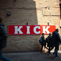 A captivating close-up photograph of a long red horizontal poster showcasing the word "KICK" in bold white letters, prominently displayed on the weathered wall of an old English building