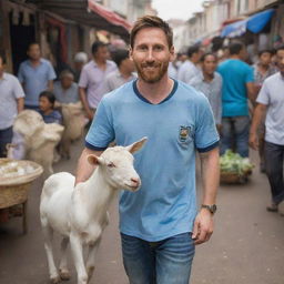 Famous footballer Lionel Messi, depicted in casual clothes, jovially offers a cheerful goat for sale in a bustling traditional market scene.