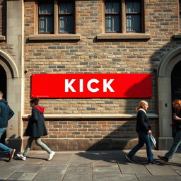 A captivating close-up photograph of a long red horizontal poster showcasing the word "KICK" in bold white letters, prominently displayed on the weathered wall of an old English building