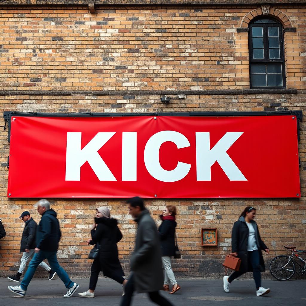 A captivating close-up photograph of a long red horizontal poster showcasing the word "KICK" in bold white letters, prominently displayed on the weathered wall of an old English building