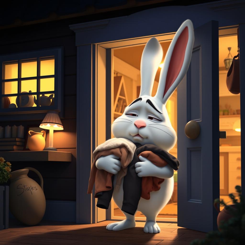 At night, a big white rabbit enters its home, holding a pile of clothes