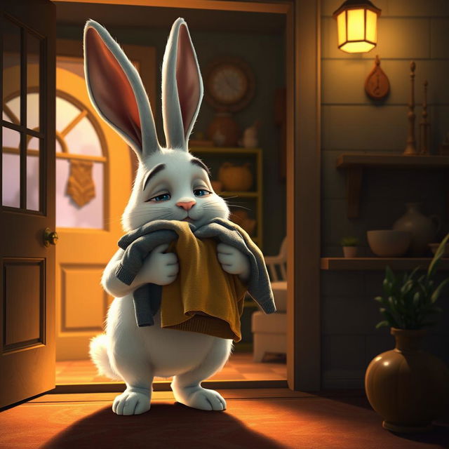 At night, a big white rabbit enters its home, holding a pile of clothes