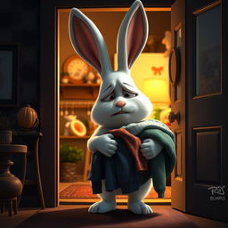 At night, a big white rabbit enters its home, holding a pile of clothes