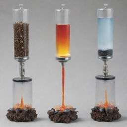 Illustration of an experimental setup with a fire sprinkler system using liquid suspended with crushed mussel shells, showcasing its fire retardant properties. Include diagrams of mussels, shell crushing process, the mixing process with water, and fire retardation demonstration.