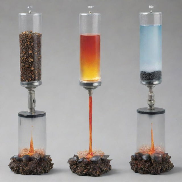 Illustration of an experimental setup with a fire sprinkler system using liquid suspended with crushed mussel shells, showcasing its fire retardant properties. Include diagrams of mussels, shell crushing process, the mixing process with water, and fire retardation demonstration.