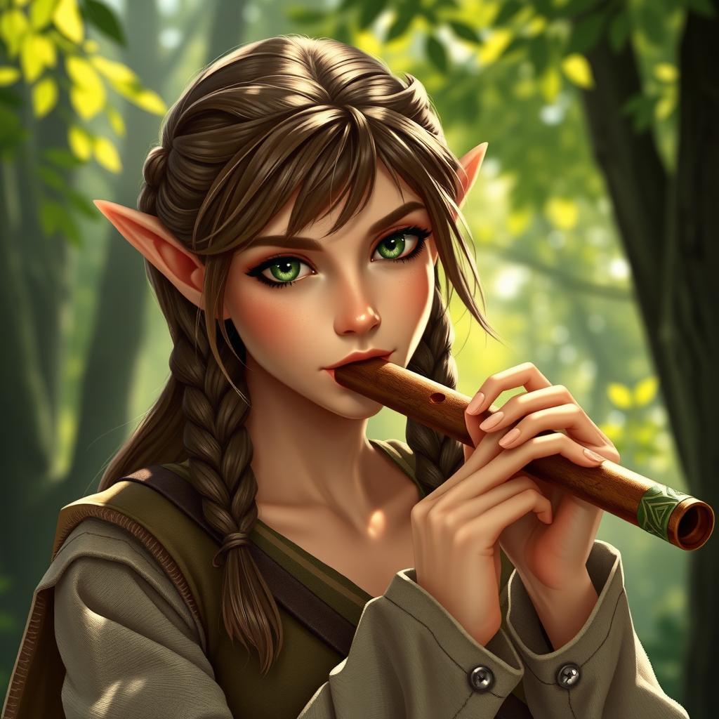 An elf bard woman skillfully playing a flute, showcasing her enchanting green eyes