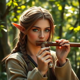 An elf bard woman skillfully playing a flute, showcasing her enchanting green eyes