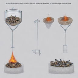 Illustration of an experimental setup with a fire sprinkler system using liquid suspended with crushed mussel shells, showcasing its fire retardant properties. Include diagrams of mussels, shell crushing process, the mixing process with water, and fire retardation demonstration.