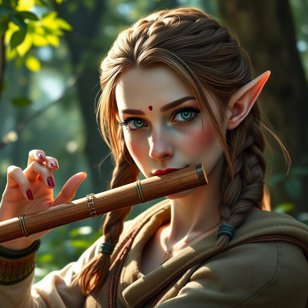 An elf bard woman skillfully playing a flute, showcasing her enchanting green eyes