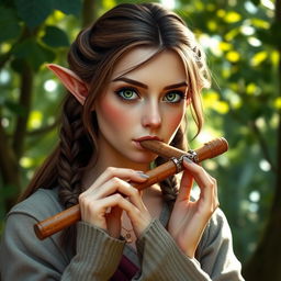 An elf bard woman skillfully playing a flute, showcasing her enchanting green eyes