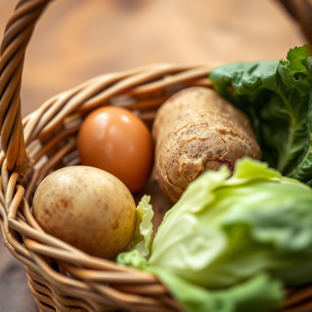 A realistic photograph of a shopping basket filled with a fresh egg, a potato, and cabbage