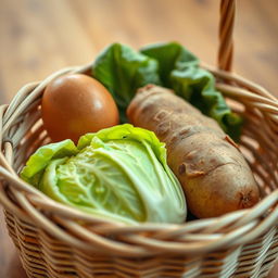 A realistic photograph of a shopping basket filled with a fresh egg, a potato, and cabbage