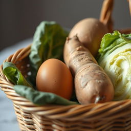 A realistic photograph of a shopping basket filled with a fresh egg, a potato, and cabbage