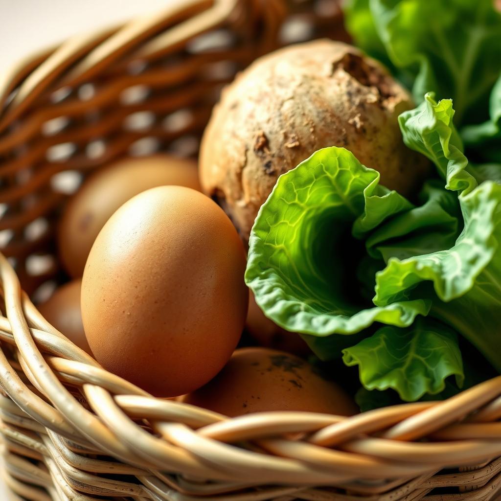 A realistic photograph of a shopping basket filled with a fresh egg, a potato, and cabbage