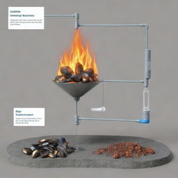 Illustration of an experimental setup with a fire sprinkler system using liquid suspended with crushed mussel shells, showcasing its fire retardant properties. Include diagrams of mussels, shell crushing process, the mixing process with water, and fire retardation demonstration.