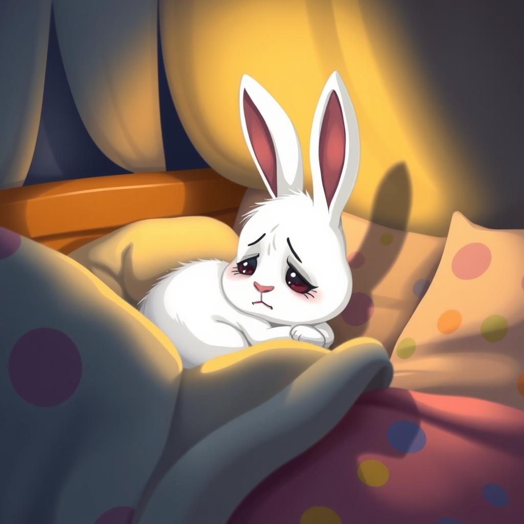 At night, a little white rabbit is curled up in the corner of its bed, looking very sad