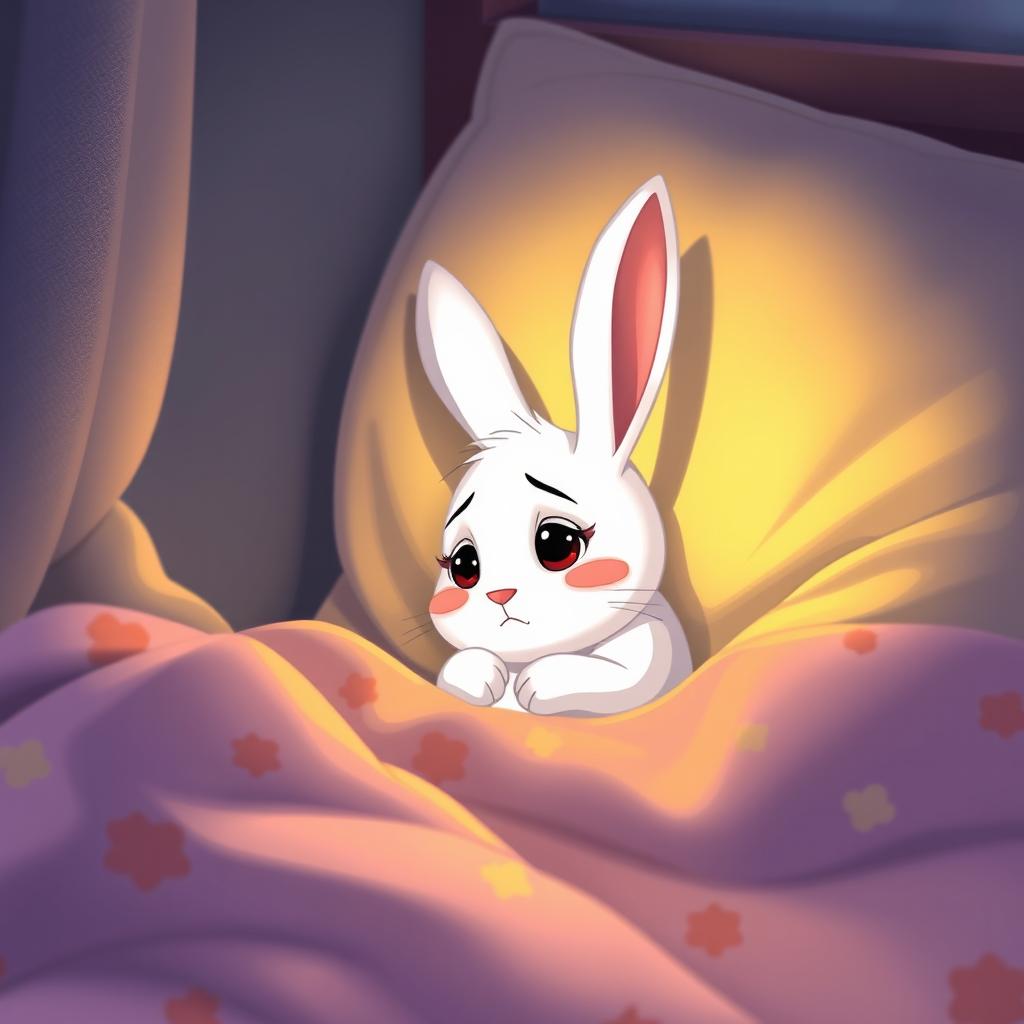 At night, a little white rabbit is curled up in the corner of its bed, looking very sad