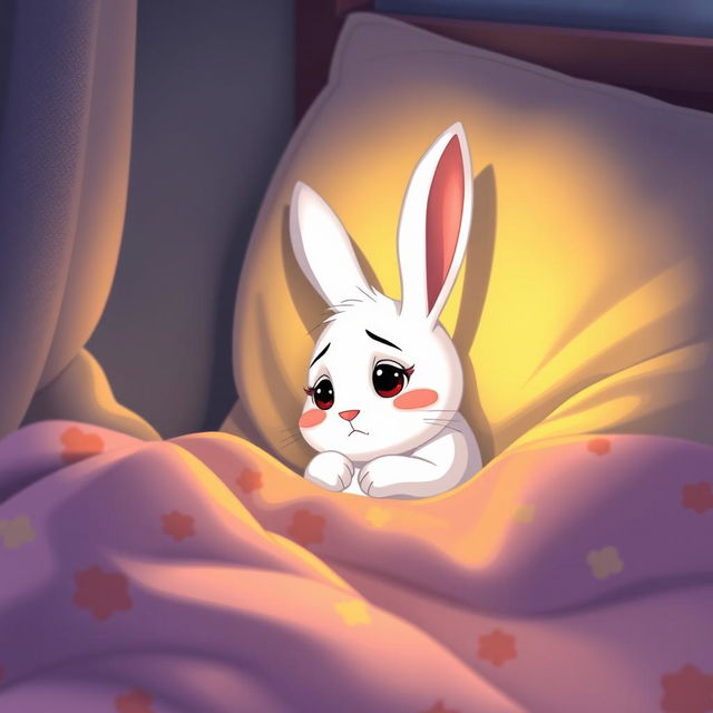 At night, a little white rabbit is curled up in the corner of its bed, looking very sad