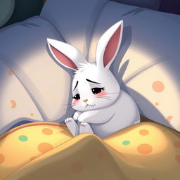 At night, a little white rabbit is curled up in the corner of its bed, looking very sad