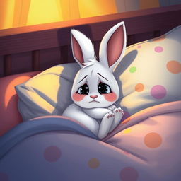 At night, a little white rabbit is curled up in the corner of its bed, looking very sad