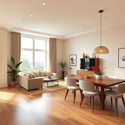 A spacious living-dining room approximately 20 square meters in size, featuring a large window at the far end