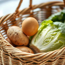 A realistic photograph of a shopping basket filled with a fresh egg, a potato, and cabbage