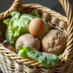 A realistic photograph of a shopping basket filled with a fresh egg, a potato, and cabbage