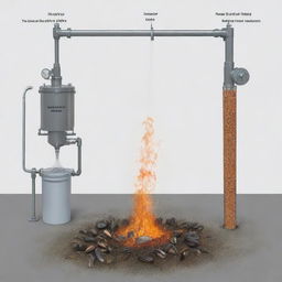 Illustration of an experimental setup with a fire sprinkler system using liquid suspended with crushed mussel shells, showcasing its fire retardant properties. Include diagrams of mussels, shell crushing process, the mixing process with water, and fire retardation demonstration.