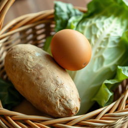 A realistic photograph of a shopping basket filled with a fresh egg, a potato, and cabbage